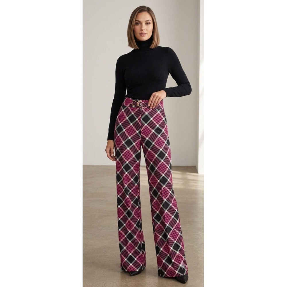 New York & Company Women's Fushia  Plaid Multi Wide Leg Pants 18